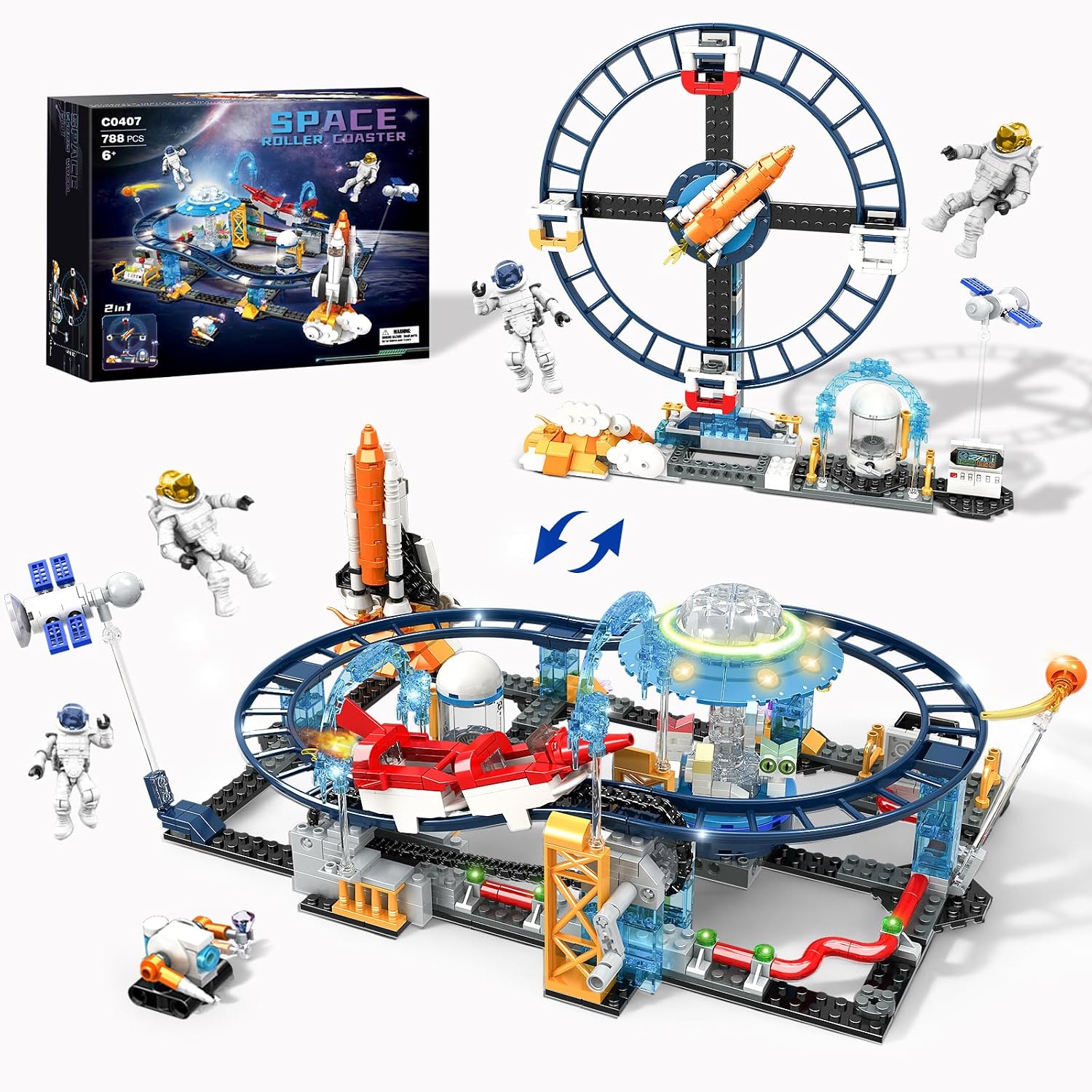 2 in 1 Space Roller Coaster Building Set, UFO Satellite Capsule Buildable Coaster Toy, Creative STEM Construction Kit, Gift for Boys Girls Kids Ages 6+