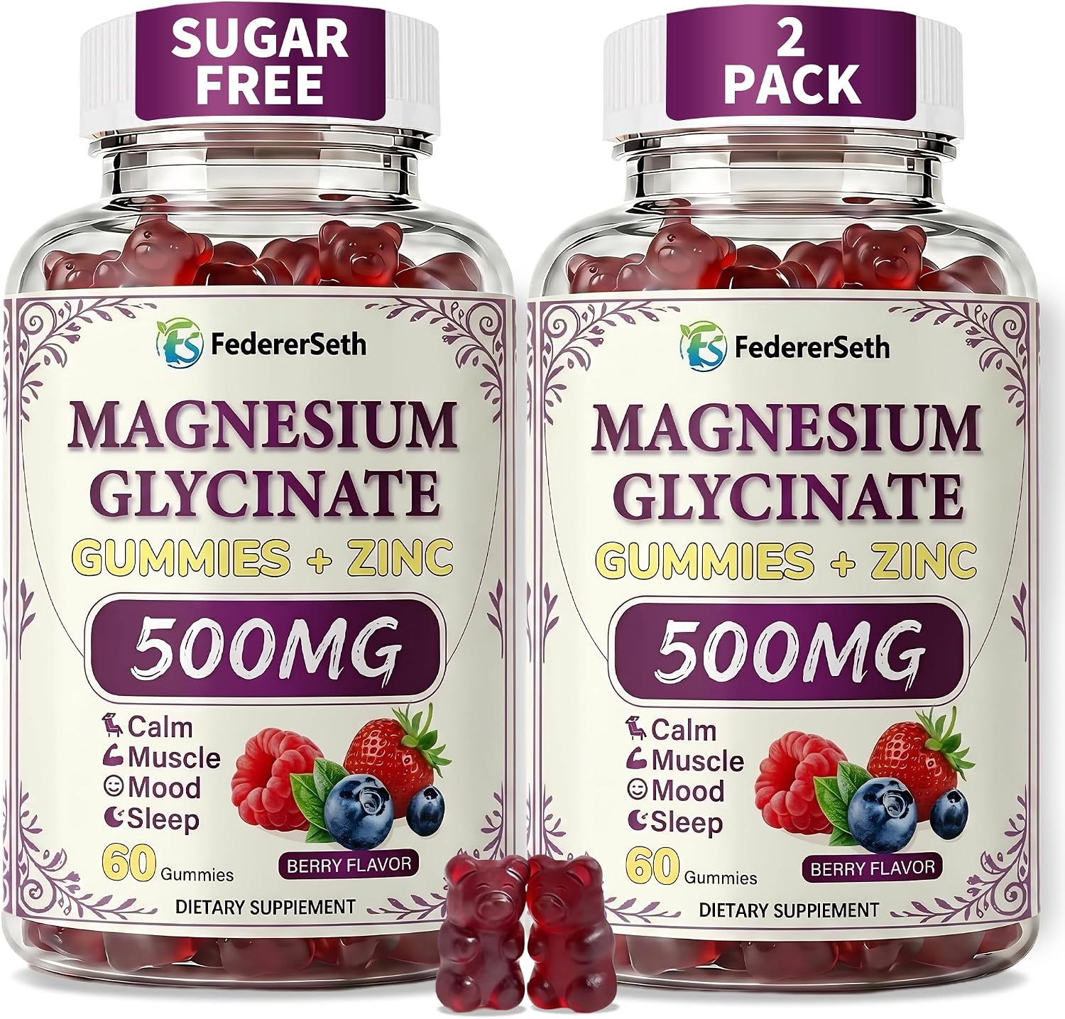 (2 Pack) Magnesium Glycinate Gummies 500mg with Zinc for Women & Men | Supports Calm, Muscle Relaxation & Daily Stress Relief | High Absorption Chelated Magnesium | Zero Added Sugar | 120 Gummies