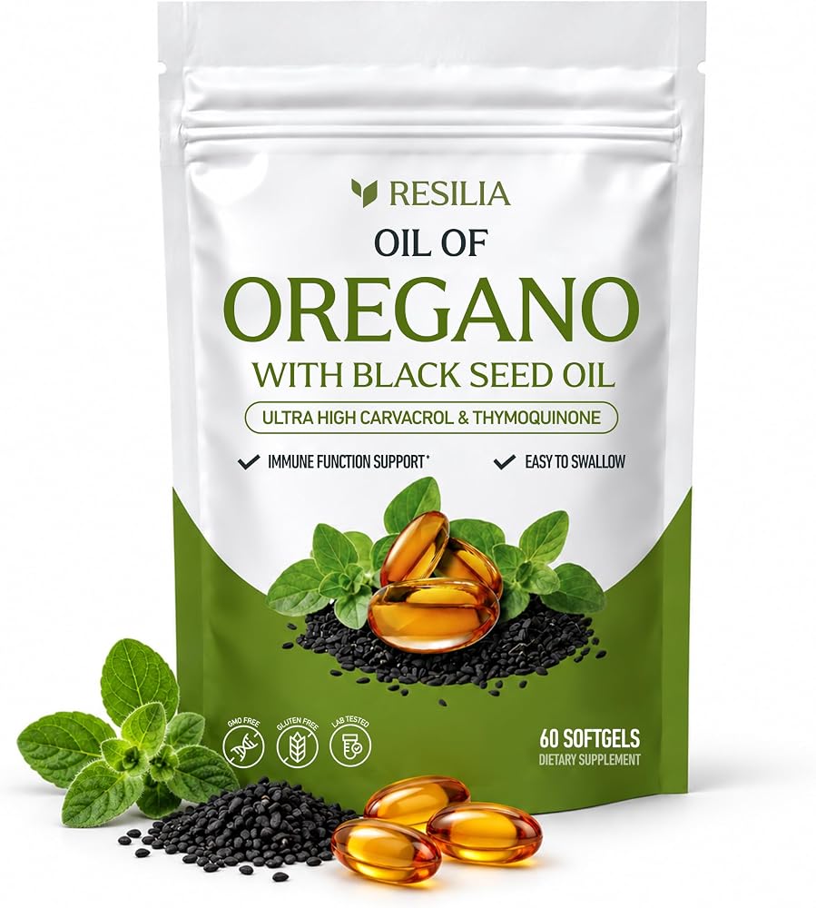 Resilia Softgels with Black Seed Oil – Premium Grade Oregano Oil Capsules for Immune & Digestive Support – Gluten-Free Softgels – Natural Herbal Wellness Supplement (60 Count)
