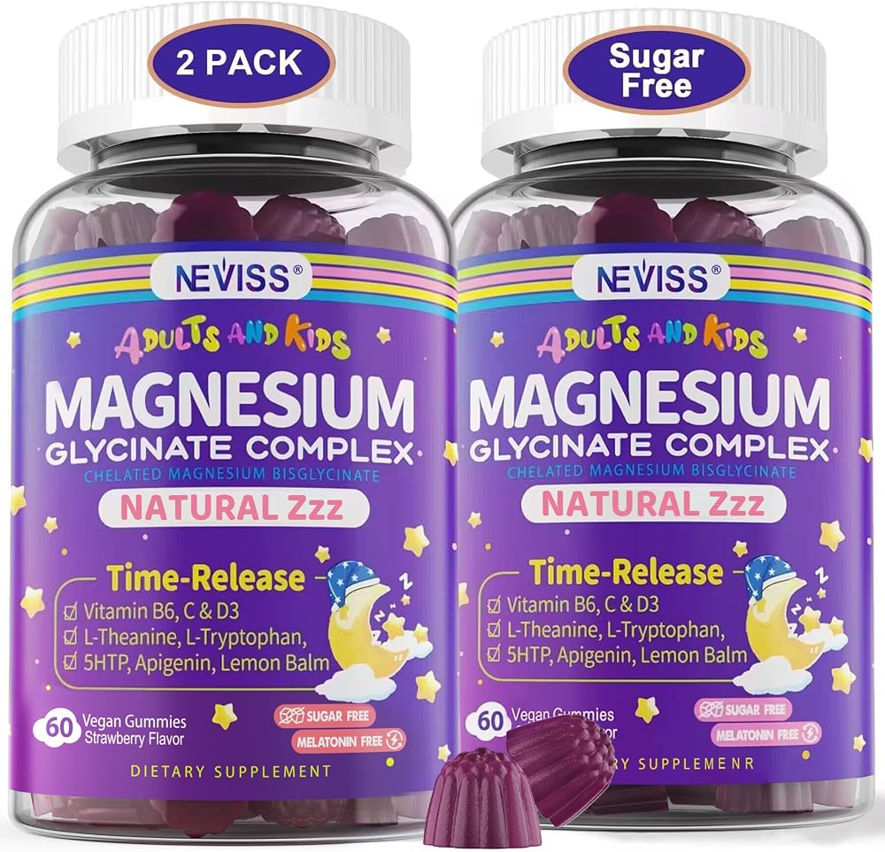 NEVISS Magnesium Glycinate Gummies for Adults & Kids 4+, Sugar Free Magnesium Bisglycinate Supplement 400/200mg with B6D3, L-Theanine for Zzz & Relaxation, Brain, Melatonin Free Gummies, 2Pack