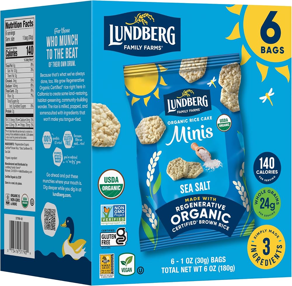 Lundberg Organic Rice Cake Minis Sea Salt - Organic Whole Grain Brown Rice, Gluten Free, 6 x 1oz