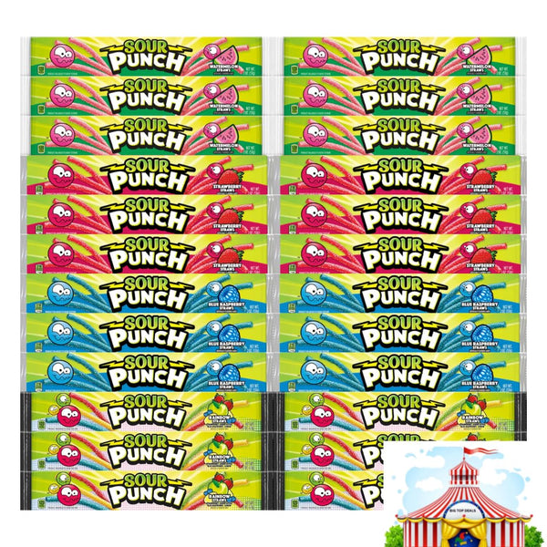 Variety Pack Sour Punch Straws - Soft And Chewy Sugar Coated Candy, 4 Flavors - Rainbow, Blue Raspberry, Strawberry, Watermelon - 2 Oz, 6 Of Each Flavor, 24 Pack - Sweet And Tangy Treat