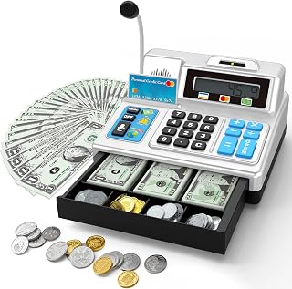 Calculator Cash Register - 103 Pcs Toy Cash Register, Store Set with Microphone, Credit Card and Banking for Kids, Math Learning Toys, Preschool Gifts for 3, 4, 5, 6, 7, 8+ Years Old Boy Girl