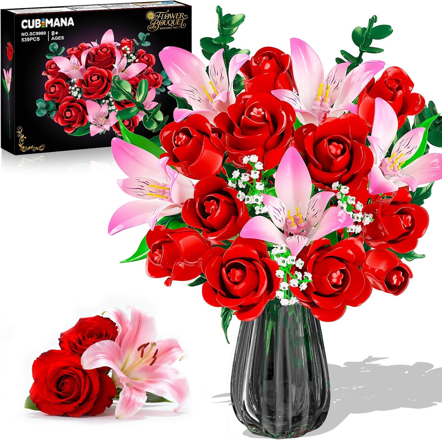 CUBIMANA Flowers Bouquet Building Set with LED for Adults Women Girls 8+