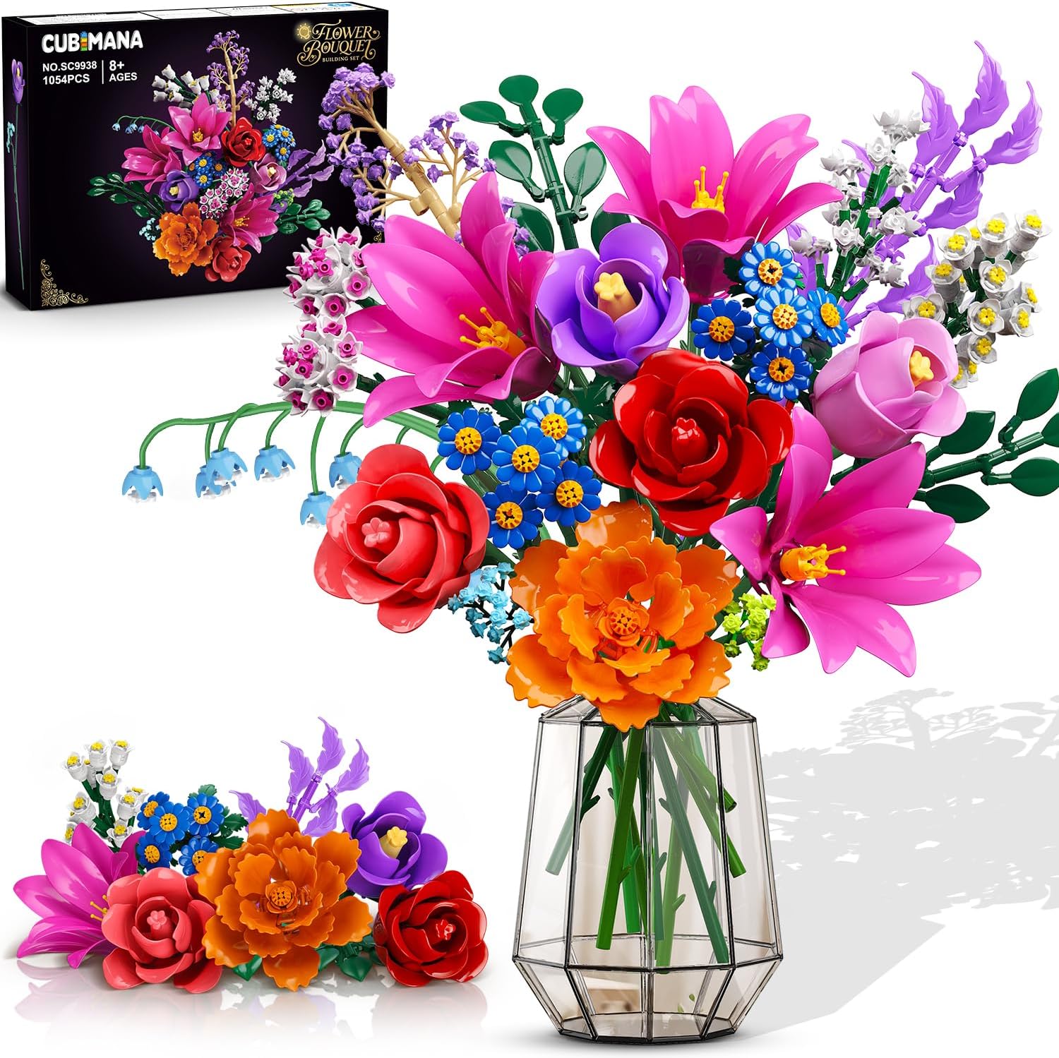 CUBIMANA 21 Flowers Bouquet Building Set with Light for Adults Girls 8-12+