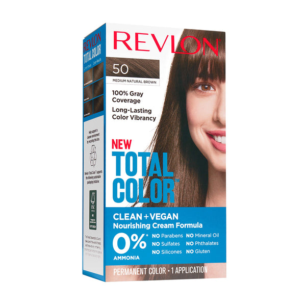 Revlon Total Color Permanent Hair Color, Clean and Vegan, 100% Gray Coverage Hair Dye, 50 Medium Natural Brown, 3.5 oz