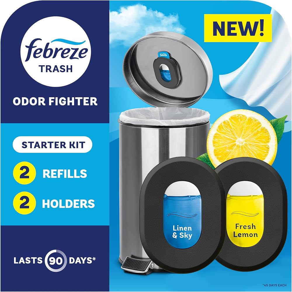 Febreze Odor Fighter, Can Air Freshener, Stick-On Deodorizer for Garbage Cans, Diaper Pails, Works with Scented Bags, Fresh Lemon and Linen & Sky Scents, 2 Holders + 2 Refills