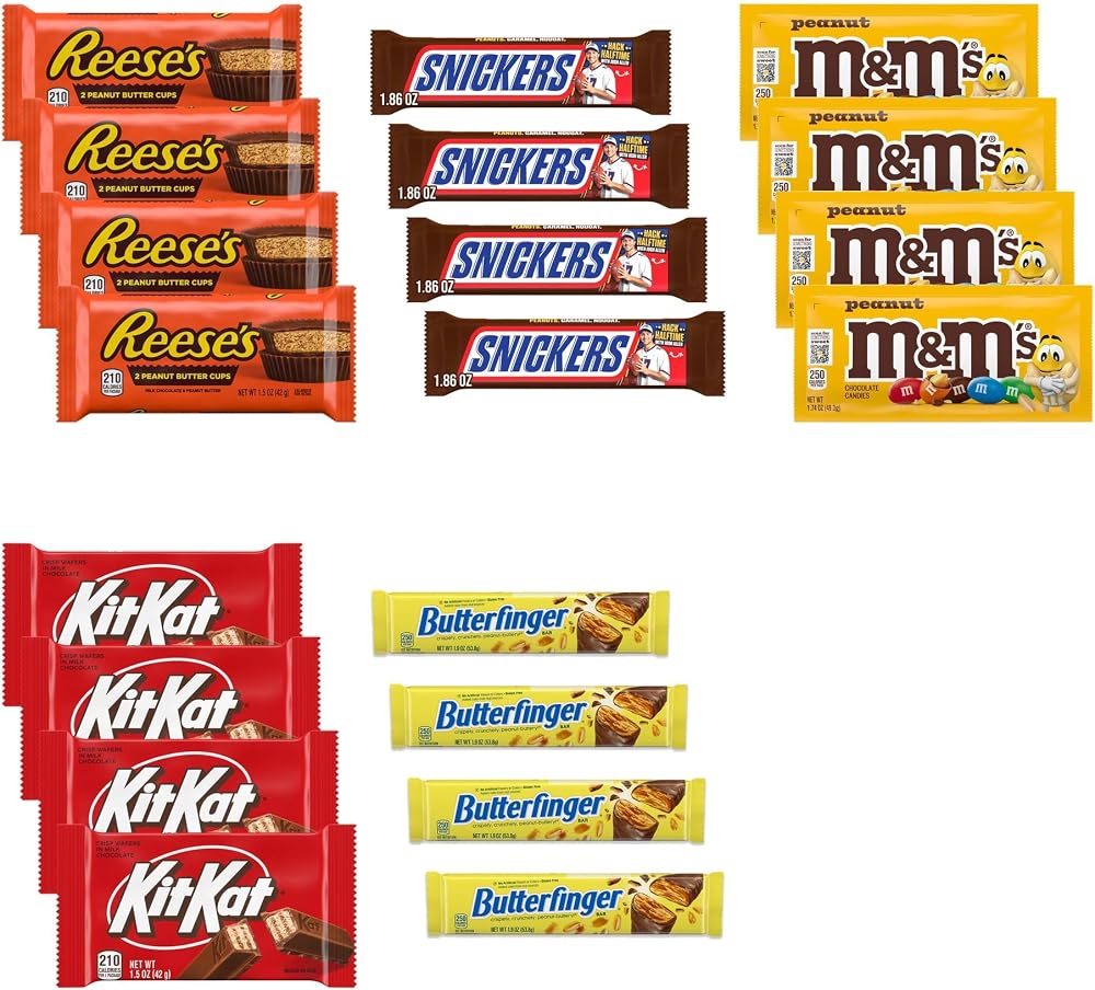 Big TOP DEALS USA 20 Piece Candy Variety Pack with 4 Reese's Cups 1.5 oz, 4 Snickers 1.86 oz, 4 M&M's Peanut 1.74 oz, 4 Kit Kat 1.5 oz and 4 Butterfinger 1.9 oz - Individually Wrapped Gift Bundle