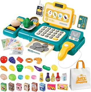Cash Register Toy for Kids,Toddler Pretend Play Store with Real Calculator,Scanner,Play Food, Money & Credit Card,Supermarket Checkout Set, Math Skills Learning Toys,Birthday Gift for Boys Girls-Green