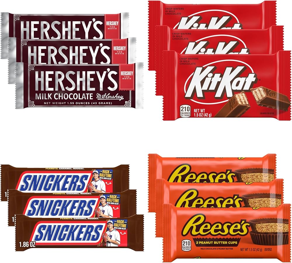 Big TOP DEALS USA 12 Piece Candy Variety Pack with 3 Hershey's Milk Chocolate 1.55 oz, 3 Kit Kat 1.5 oz, 3 Snickers 1.86 oz and 3 Reese's Cups 1.5 oz - Individually Wrapped Party and Halloween Bundle