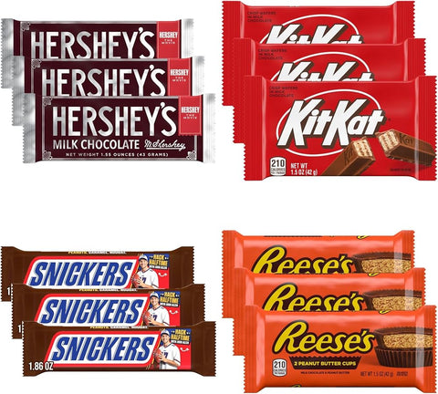 Big TOP DEALS USA 12 Piece Candy Variety Pack with 3 Hershey's Milk Chocolate 1.55 oz, 3 Kit Kat 1.5 oz, 3 Snickers 1.86 oz and 3 Reese's Cups 1.5 oz - Individually Wrapped Party and Halloween Bundle