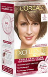 L'Oreal Paris Excellence Crème Permanent Hair Dye, Triple Care Hair Color with Hyaluronic Acid for 100% Gray Coverage, 6 Light Brown, 1 Kit (Packaging May Vary)