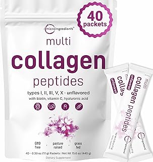 Micro Ingredients Multi Collagen Peptides Powder, 40 Stick Packs | Type I, II, III, V, X + Biotin, Vitamin C & Hyaluronic Acid | Unflavored | Supports Hair, Skin & Joint Health | Keto, Non-GMO