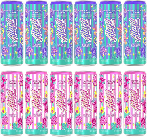 Alani Nu Cotton Candy & Purple Cotton Candy Variety, Low Calorie Energy Drinks, 200mg Caffeine, Biotin, B Vitamins, Zero Sugar, 10 Calories, 12 Fl Oz Cans, 12 Pack