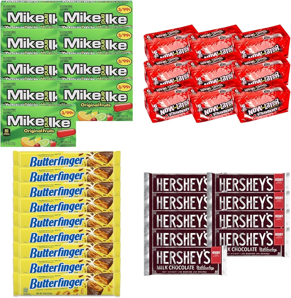 Big TOP DEALS USA 24 Count Candy Variety Pack, 6 Each Mike and Ike Original Fruits, Now and Later Strawberry, Butterfinger, Hershey's Milk Chocolate - Individually Wrapped, Fruity Chewy Candy