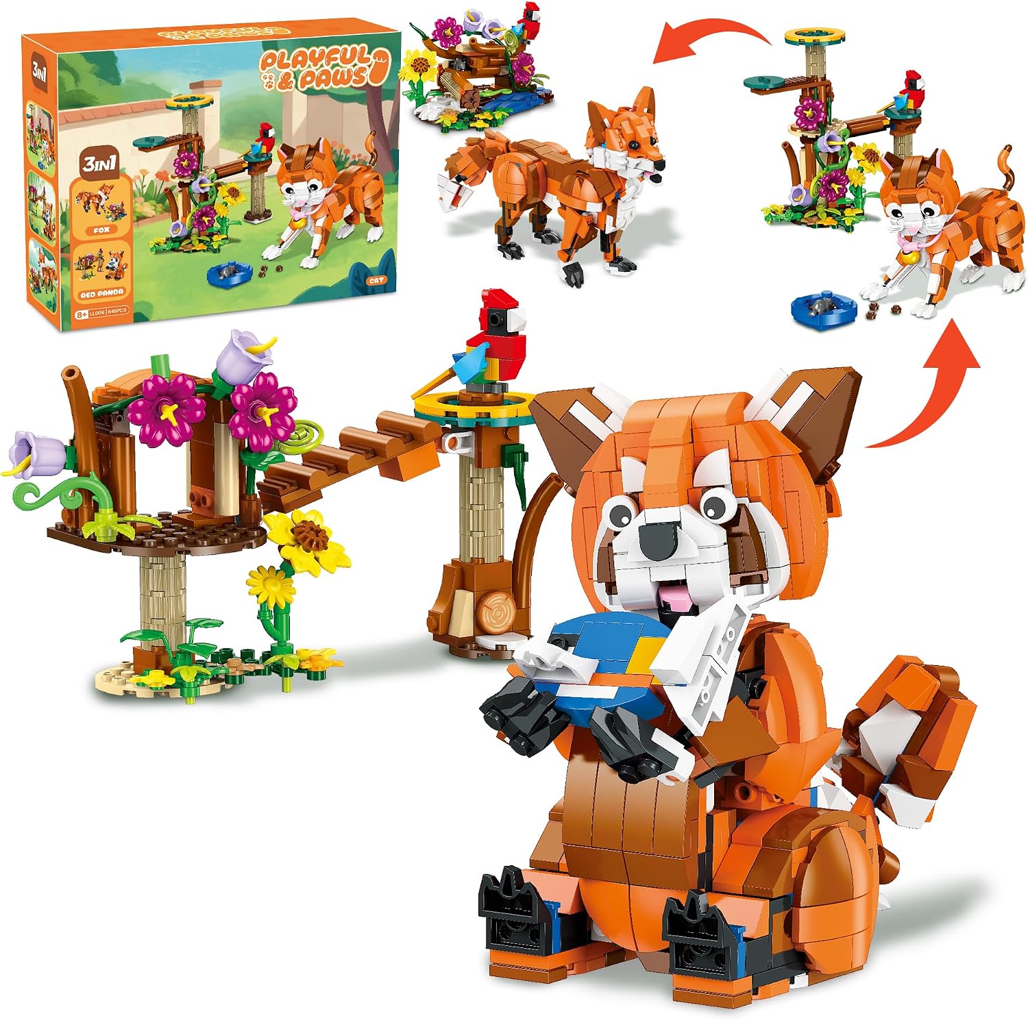 3 in 1 Animal Building Set for Kids 8+, Cat, Red Panda, Fox