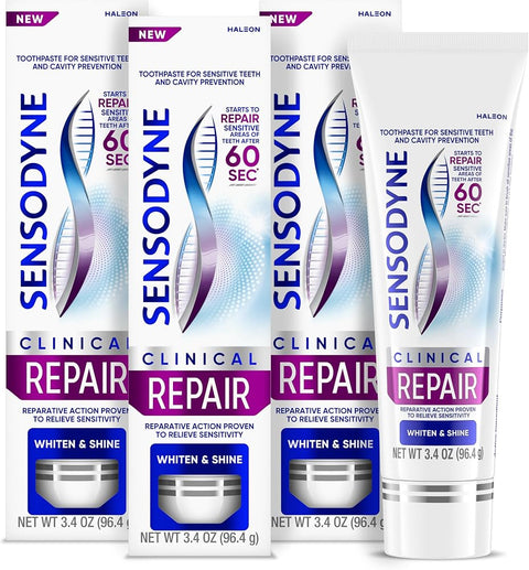 Sensodyne Clinical Repair Whiten & Shine Toothpaste, 3.4 oz (3 Pack)