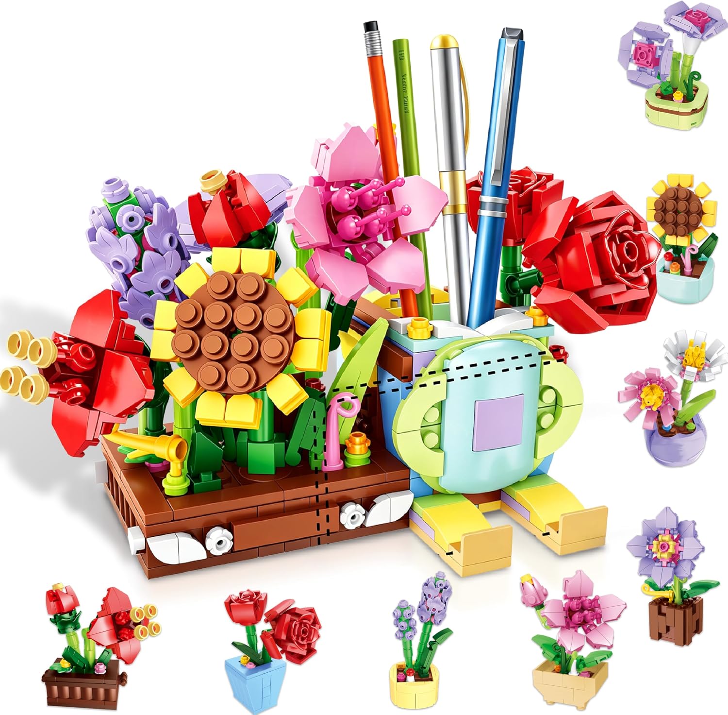 Botanical Flower Building Set 8-in-1 Pen & Phone Stand Organizer for Women