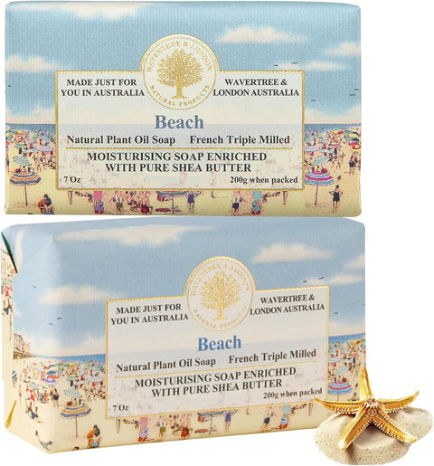 Wavertree & London Beach Scented Natural Soap (2 Bars), 7oz Moisturizing French Triple Milled Soap Bars enriched with shea butter - Pure Plant Based Bath & Body Bars for All Skin Types