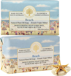 Wavertree & London Beach Scented Natural Soap (2 Bars), 7oz Moisturizing French Triple Milled Soap Bars enriched with shea butter - Pure Plant Based Bath & Body Bars for All Skin Types
