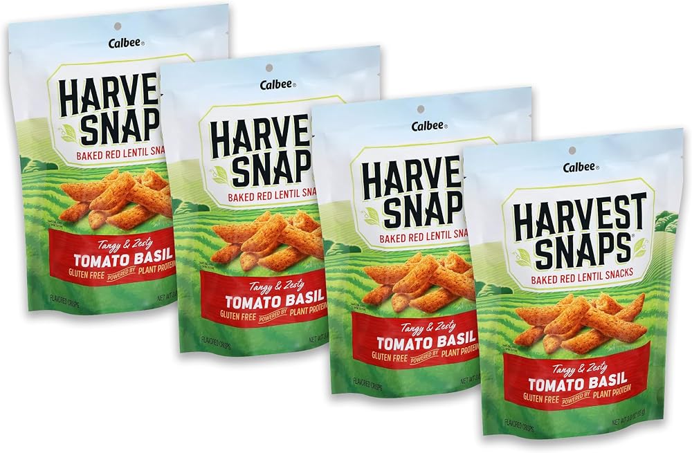Harvest Snaps Veggie Chips (Red Lentil Snack Crisps Tomato Basil, 3.0 oz) | Powered by Plant Protein, Gluten Free, Non-GMO Baked Vegetable Crisps | Made in USA (4 Pack)