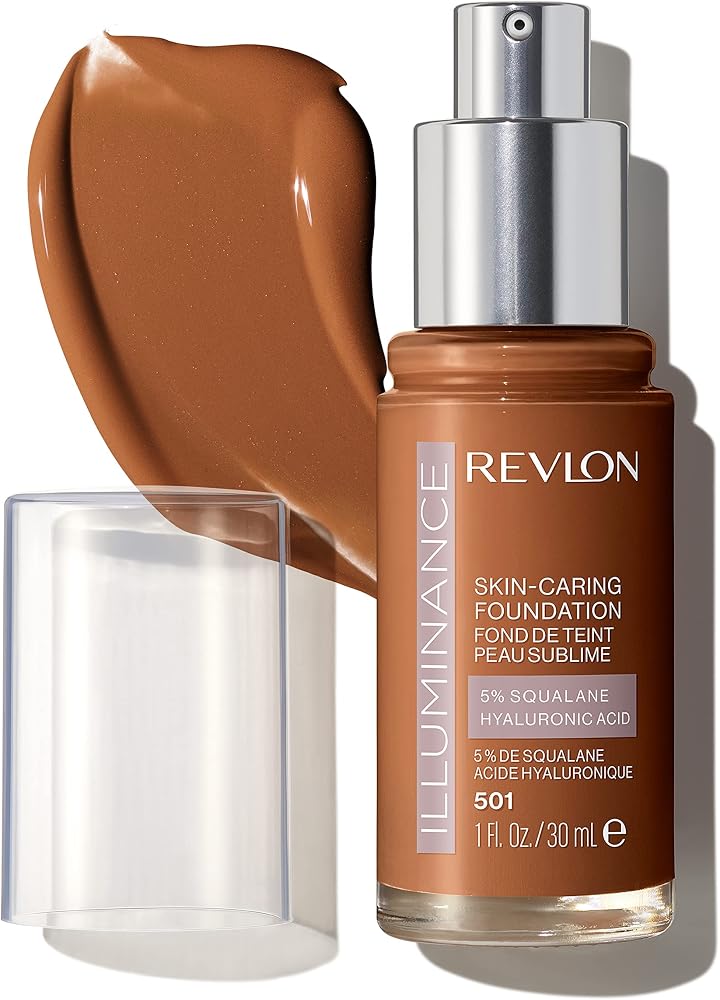 Revlon Illuminance Skin-Caring Liquid Foundation, Hyaluronic Acid, Hydrating and Nourishing Formula with Medium Coverage, 501 Toasted Caramel, 1 fl oz