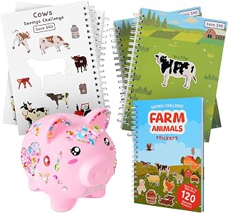 Unbreakable Piggy Bank for Girls with Savings Challenge Book, Personalized Pink Piggy Bank for Kids, Coin Bank with Rhinestones, Alphabet Stickers, 120 Farm Animal Stickers, Money Saving Gift for Kids