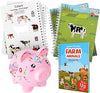 Unbreakable Piggy Bank for Girls with Savings Challenge Book, Personalized Pink Piggy Bank for Kids, Coin Bank with Rhinestones, Alphabet Stickers, 120 Farm Animal Stickers, Money Saving Gift for Kids