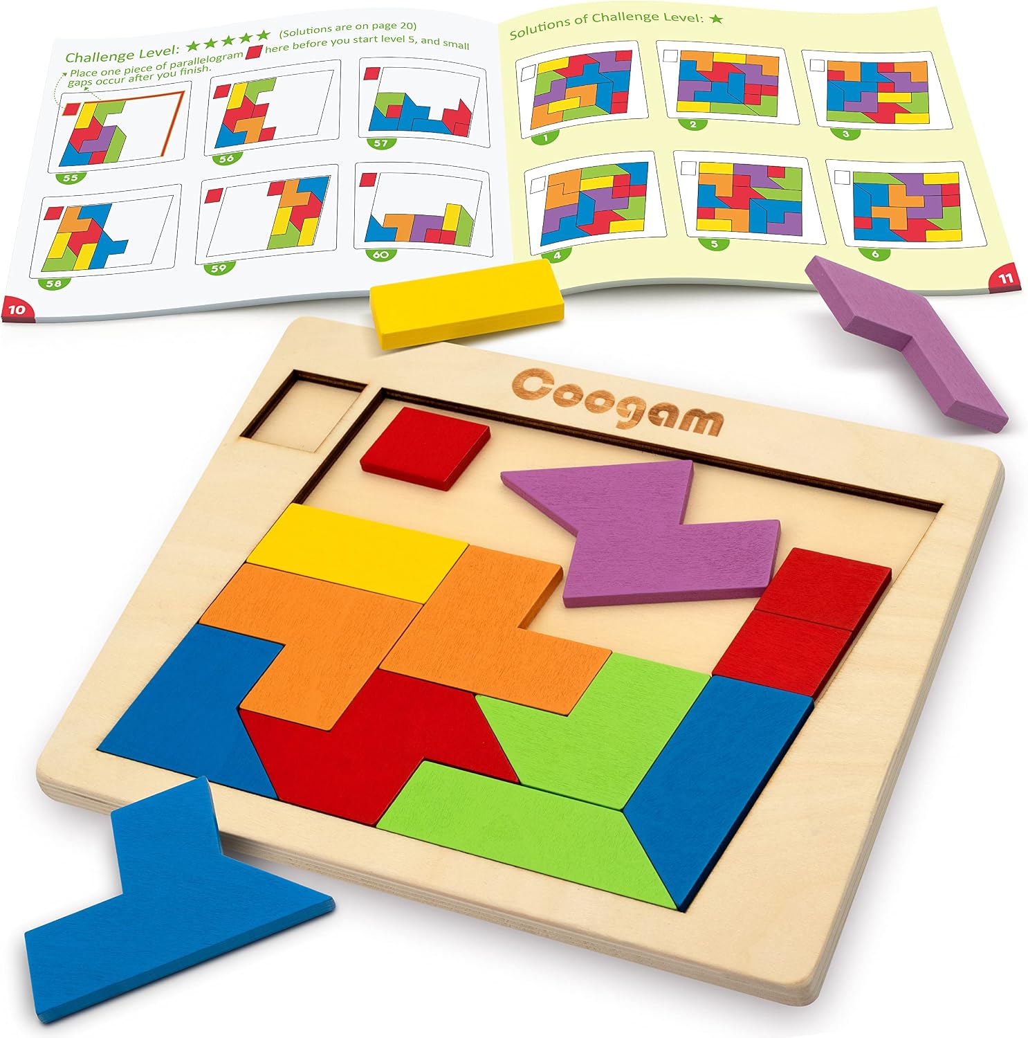 Coogam Wooden Puzzle Blocks Geometric Tangram Brain Teasers Jigsaw 3D Logic IQ Game Colorful Shape Pattern Montessori STEM Educational Toys Gift 60 Challenges for All Age
