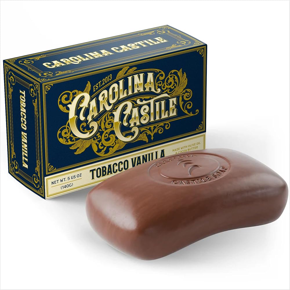 Body Wash Castile Soap Bar for Sensitive Skin – Long Lasting Natural Bar Soap for Men w/Olive Oil and Cocoa Butter - Vegan Tobacco Vanilla Scented by Carolina Castile, 5 oz Each