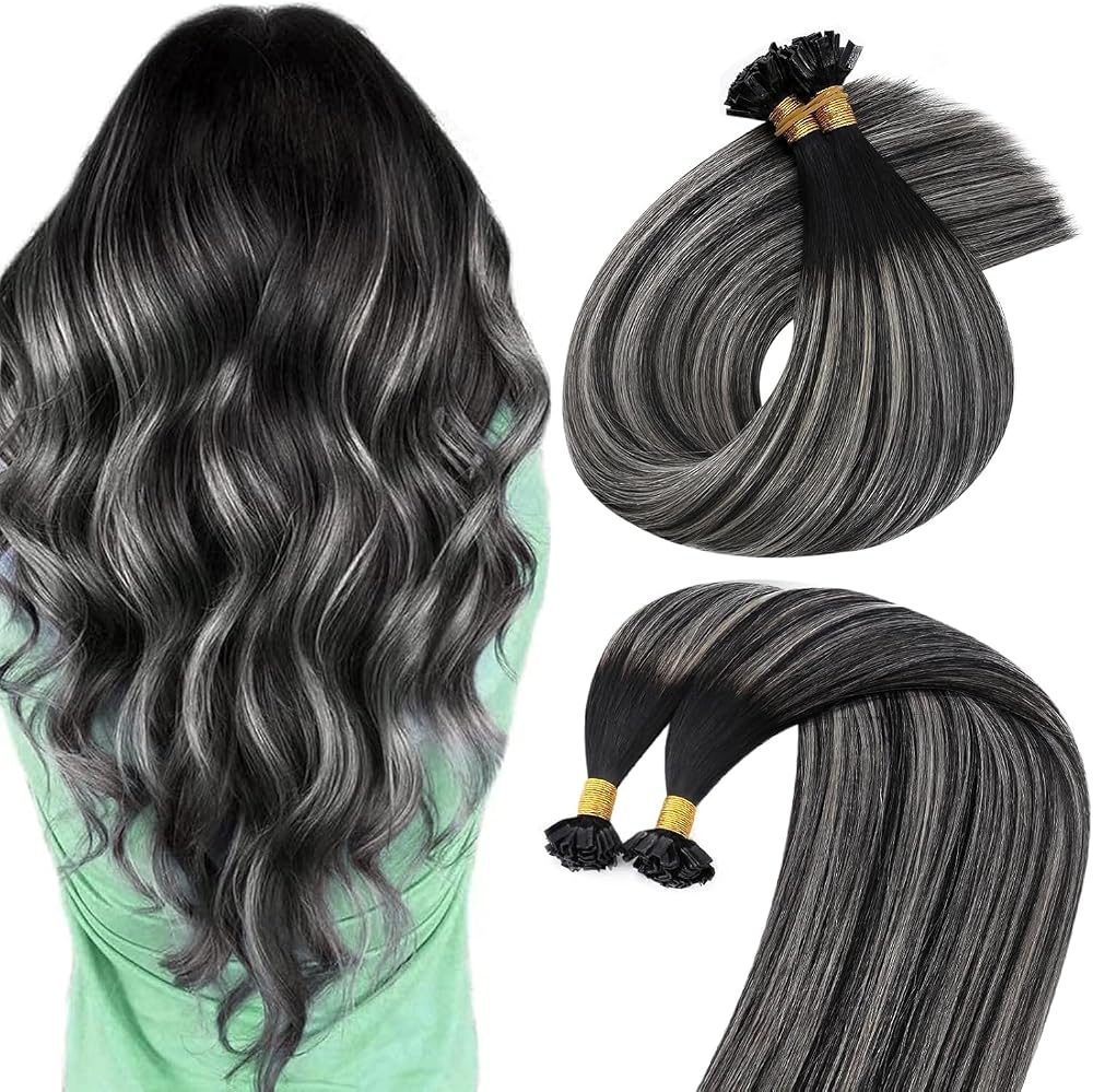 Sunny Hair 20 Inch Ktip Human Hair Extensions Black Roots Silver Grey