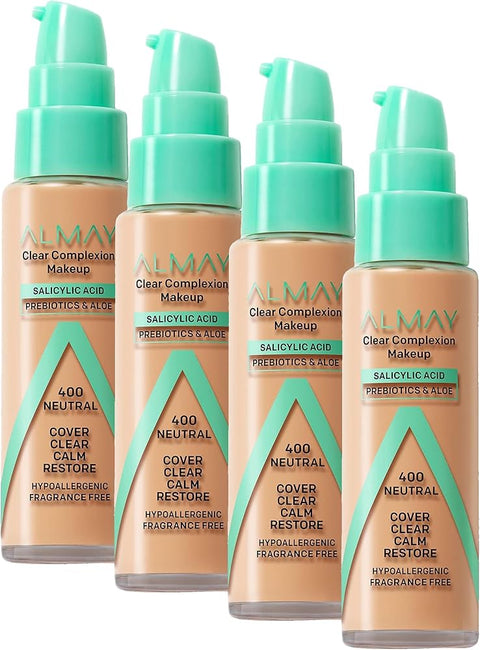 Almay Clear Complexion Acne Foundation Makeup with Salicylic Acid - Lightweight, Medium Coverage, Hypoallergenic, Fragrance-Free, for Sensitive Skin, 400 Neutral, 1 fl oz. - Face Makeup - Beauty