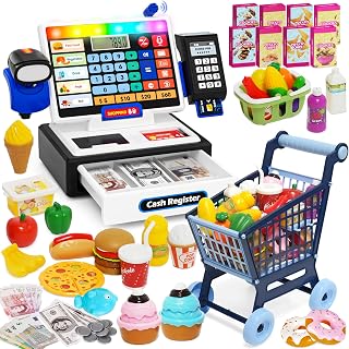 maysida LED Calculator Cash Register Toy with Shopping Cart- Pretend Play Set Kids Cash Register with Scanner, Microphone and Credit Card, Math Skills Toy for 3, 4, 5, 6 7 8+ Year Old Boy Girl