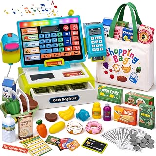 LED Cash Register Toys for 3-8 Years Old Pretend Play Store Kid Cash Register with Scanner, Shopping Bag, Microphone and Calculator Birthday Gift for 3 4 5 6 7 8 Years Old Boys and Girl