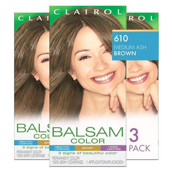 Clairol Balsam Permanent Hair Dye, 610 Medium Ash Brown Hair Color, Pack of 3