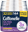 Cottonelle Ultra Soft Toilet Paper, 32 Family Mega Rolls=144 Regular Rolls