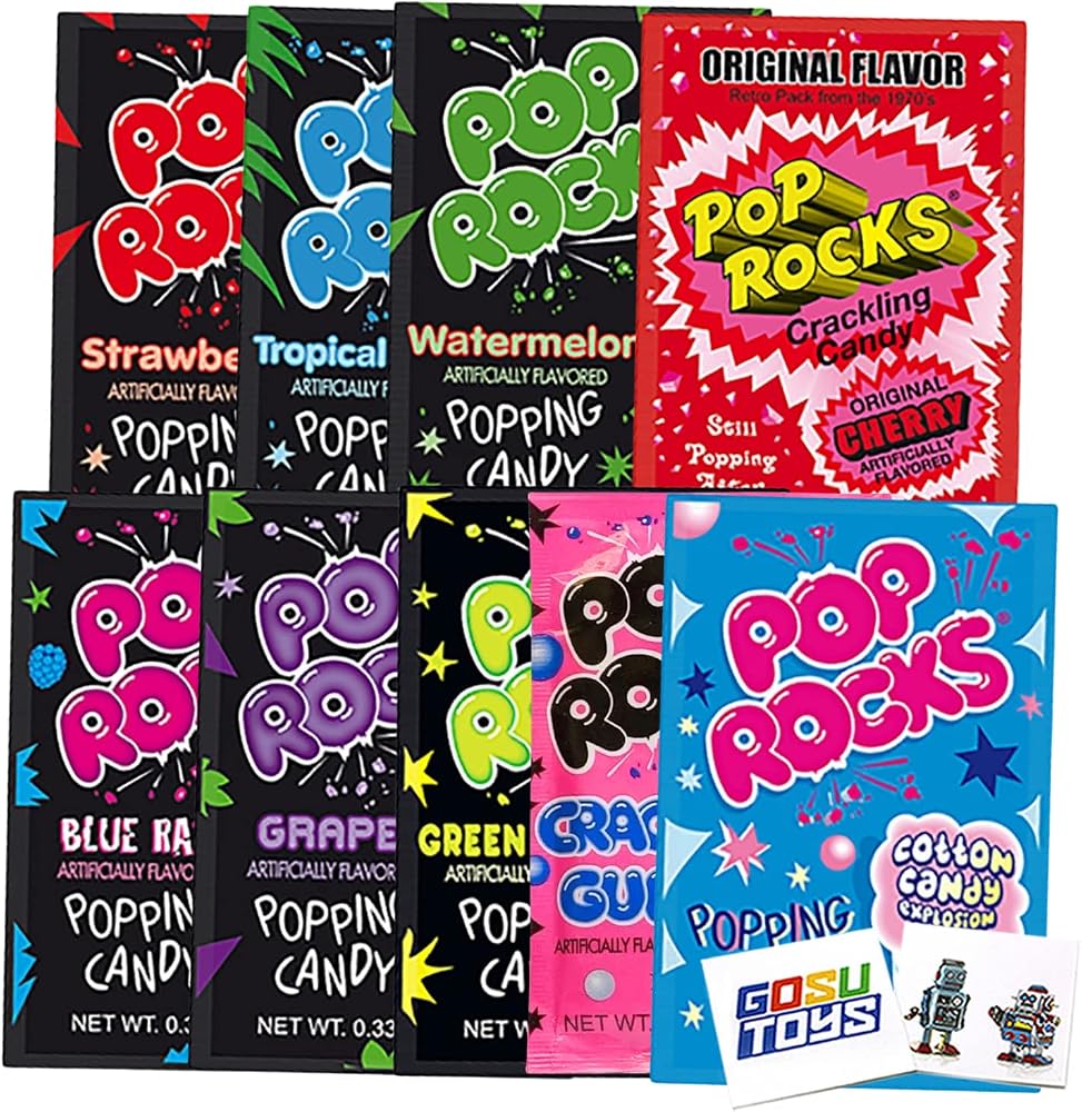 Variety Pack Pop Rocks Popping Candy, 10 Count, 0.33 oz Each, 2 Each Green Apple, Strawberry, Grape, Mystery Flavor and Watermelon, Individually Wrapped