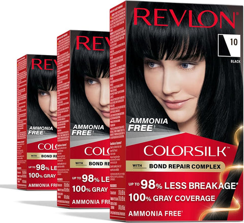 Revlon ColorSilk with Bond Repair Hair Color, 10 Black, 3pk