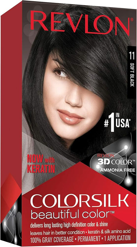 Revlon Permanent Hair Color, Permanent Hair Dye, Colorsilk with 100% Gray Coverage, Ammonia-Free, Keratin and Amino Acids, 11 Soft Black, 4.4 Oz (Pack of 1)