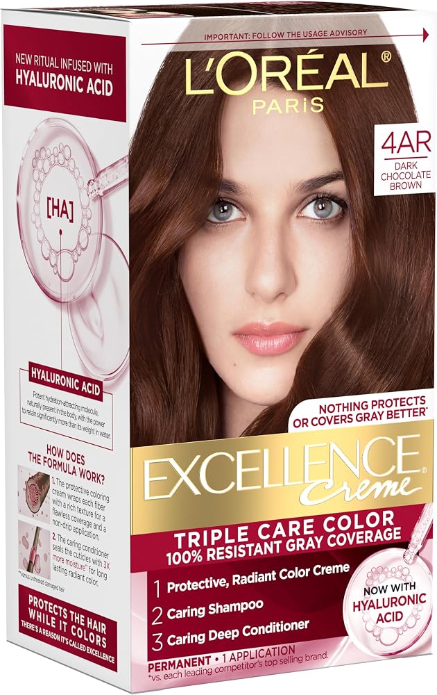 L'Oreal Paris Excellence Crème Permanent Hair Dye, Triple Care Hair Color with Hyaluronic Acid for 100% Gray Coverage, 4AR Dark Chocolate Brown, 1 Kit (Packaging May Vary)
