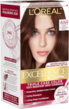 L'Oreal Paris Excellence Crème Permanent Hair Dye, Triple Care Hair Color with Hyaluronic Acid for 100% Gray Coverage, 4AR Dark Chocolate Brown, 1 Kit (Packaging May Vary)