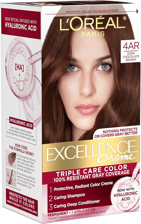 L'Oreal Paris Excellence Crème Permanent Hair Dye, Triple Care Hair Color with Hyaluronic Acid for 100% Gray Coverage, 4AR Dark Chocolate Brown, 1 Kit (Packaging May Vary)