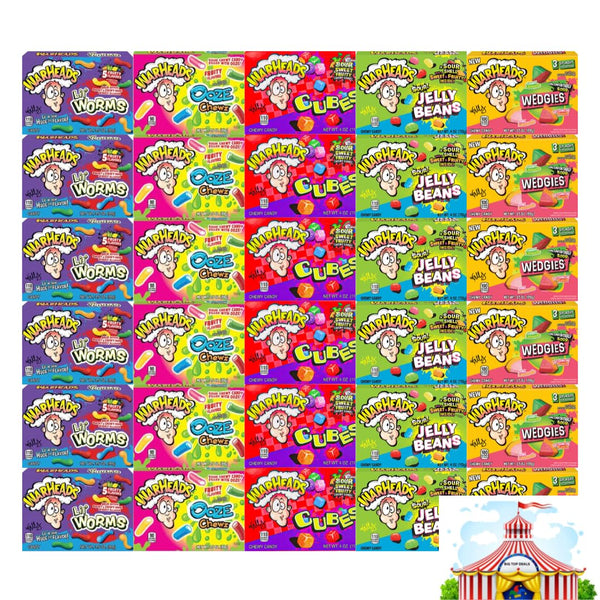 Chewy Bite-Size Warheads Candy Variety Pack - Lil Worms, Ooze Chews, Sour Chewy, Sour Jelly Beans, Wedgies - Theater Size Boxes - 5 Flavors, 6 Each - 30 Pack - Perfect for Parties & Snacking