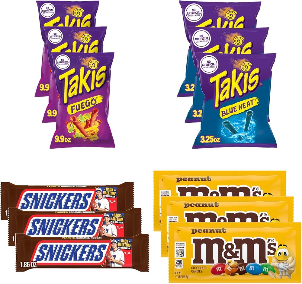 Big TOP DEALS USA 12 Pc Takis Fuego, Blue Heat, Snickers & M&M'S Peanut Mix - Personal Care