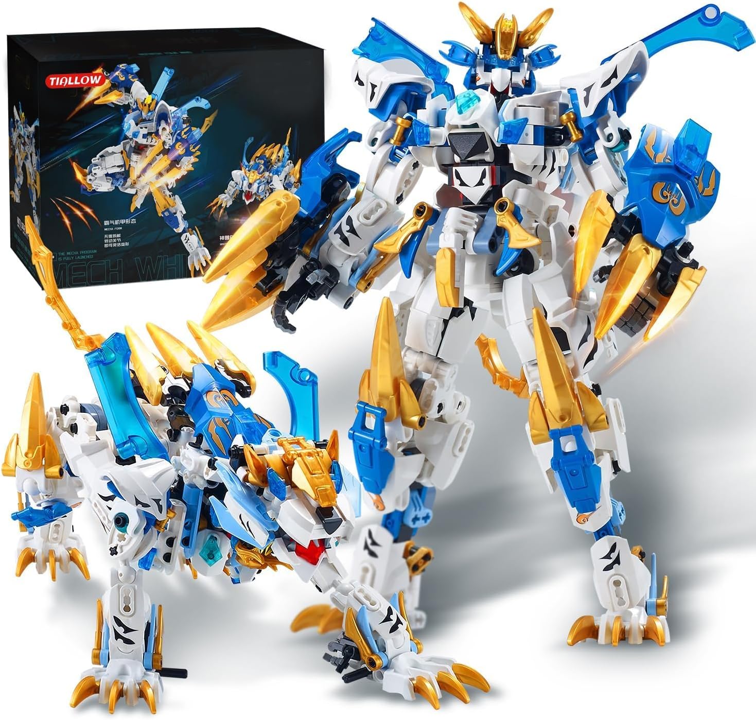 White Tiger Mech Building Block Set, 2 in 1 Transforming Robot Toy