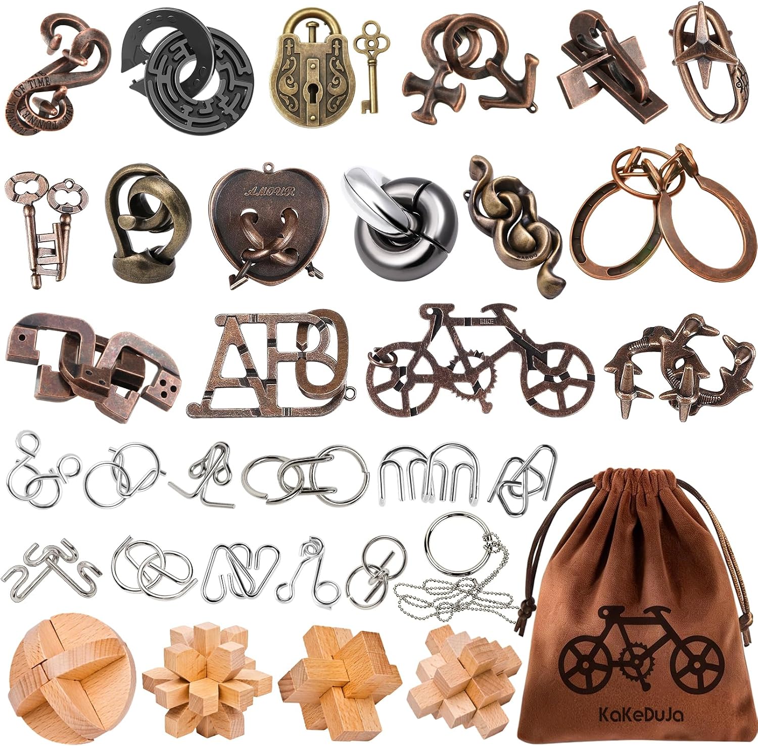 32 Pcs Brain Teaser Puzzles Set for Adults Kids – Wooden & Metal 3D IQ Game, Challenging Disentanglement Logic Puzzles, Family Party Favor Portable Travel Pouch Set