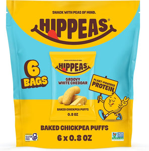 HIPPEAS Chickpea Puffs, Groovy White Cheddar, Gluten Free Snacks, Dairy Free, Vegan, 0.8oz, Pack of 6, 3g Protein, 2g Fiber, Crunchy, Nutritious, Baked Plant Protein Snack, Non-GMO, Kosher