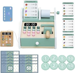 Wooden Cash Register for Kids-Pretend Play Money Counting Toy with Scanner,Kids Cashier Educational Grocery Store Toy Role Play Gift for Boys Girls