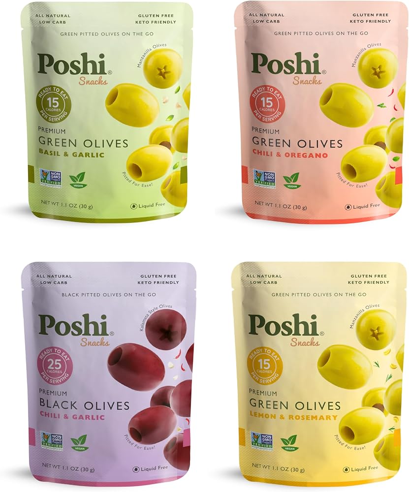 Poshi Green Olives On-The-Go - Original Flavor - Single Serve Pitted Olives - Convenient and Healthy Snack Packs - All Natural, Non-GMO, Kosher, Gluten-Free (Variety, 33 Ounce (Pack of 30))