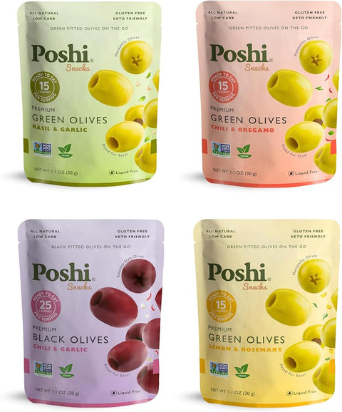 Poshi Green Olives On-The-Go - Original Flavor - Single Serve Pitted Olives - Convenient and Healthy Snack Packs - All Natural, Non-GMO, Kosher, Gluten-Free (Variety, 33 Ounce (Pack of 30))